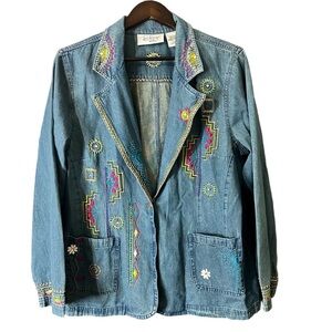 Blaire Two-Twenty Collection Blue Denim Jacket with Colorful Embroidery Sz L